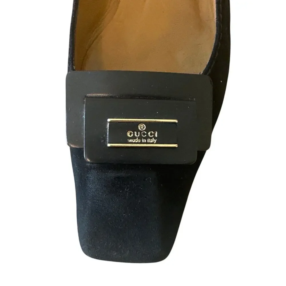 Vintage Gucci Black Suede Square Toe Kitten Heels Logo 36 - Picture 15 of 16